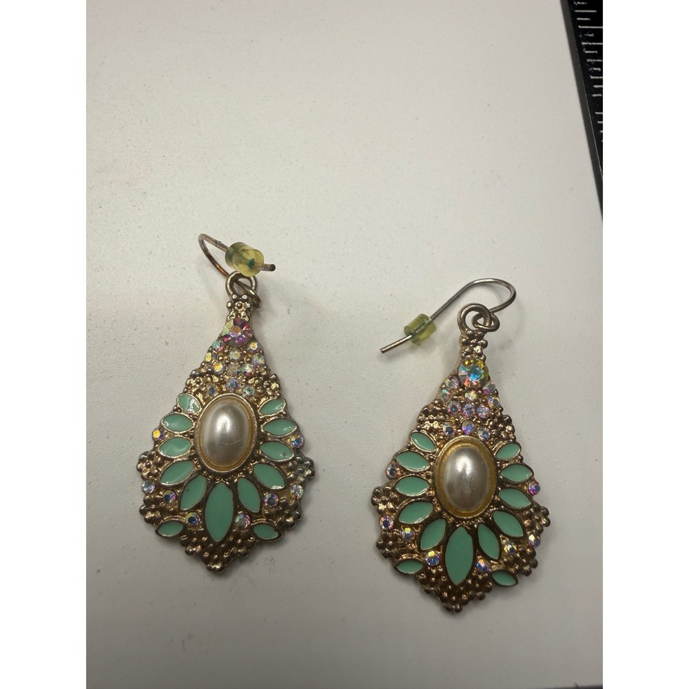 Vintage Gold Tone Green Enamel Faux Pearl Rhinestone Teardrop Dangle Earrings‎
